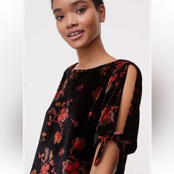 Ann Taylor LOFT Velvet floral print split sleeve shift mini dress size S. - Picture 2 of 10